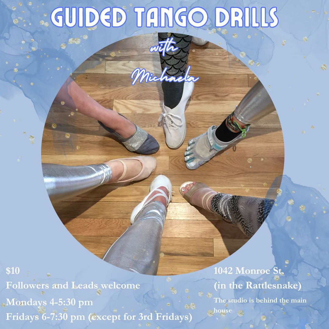 Guided Tango Drill with Michaela in Missoula MT flyer with an image of dancer's feet